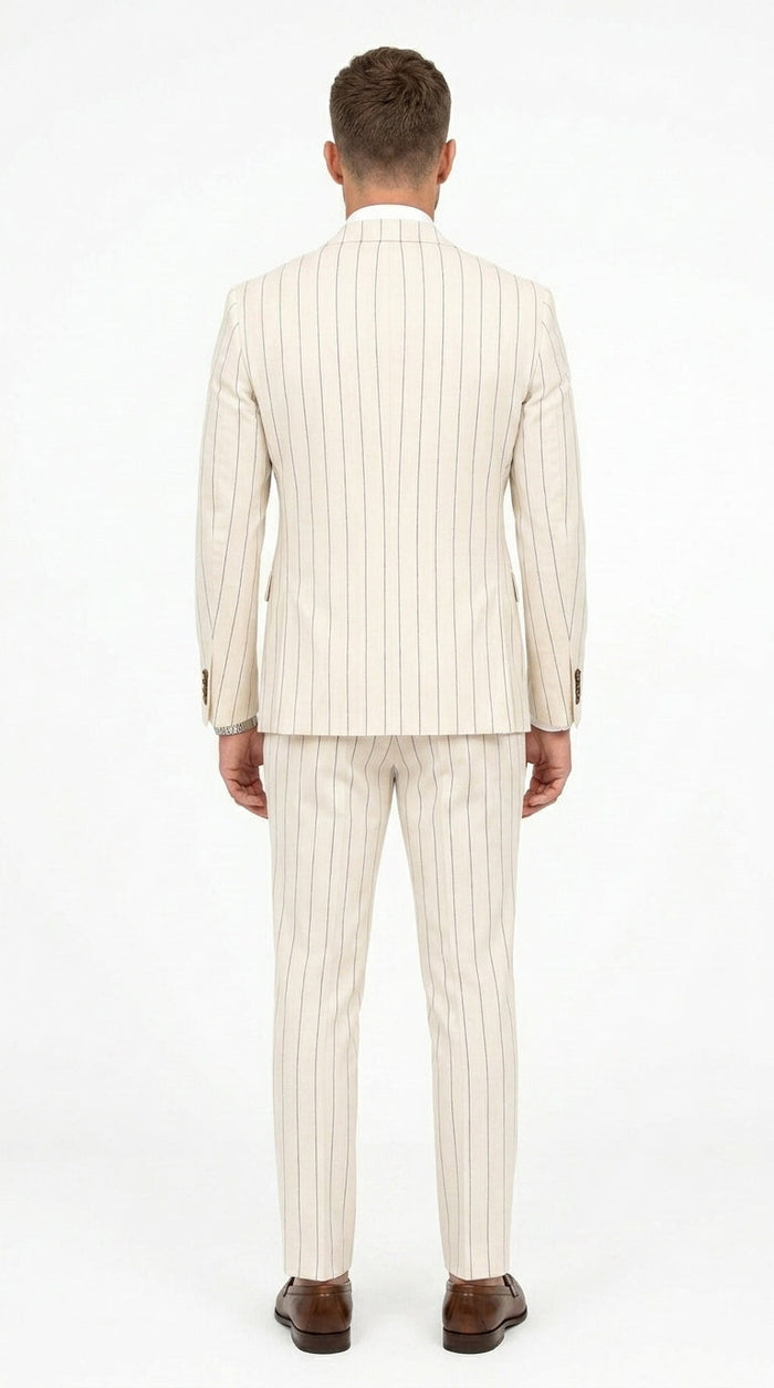 Men’s Cream Off White Pinstripe Linen Pinstripe 2 Piece Double Breasted Suit, Summer Wedding Ivory Color By Vitali