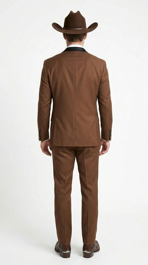 Men’s Light Brown Western Tuxedo 3 Piece Suit with Black  Collar Lapel, Country Look Cowboy Suit