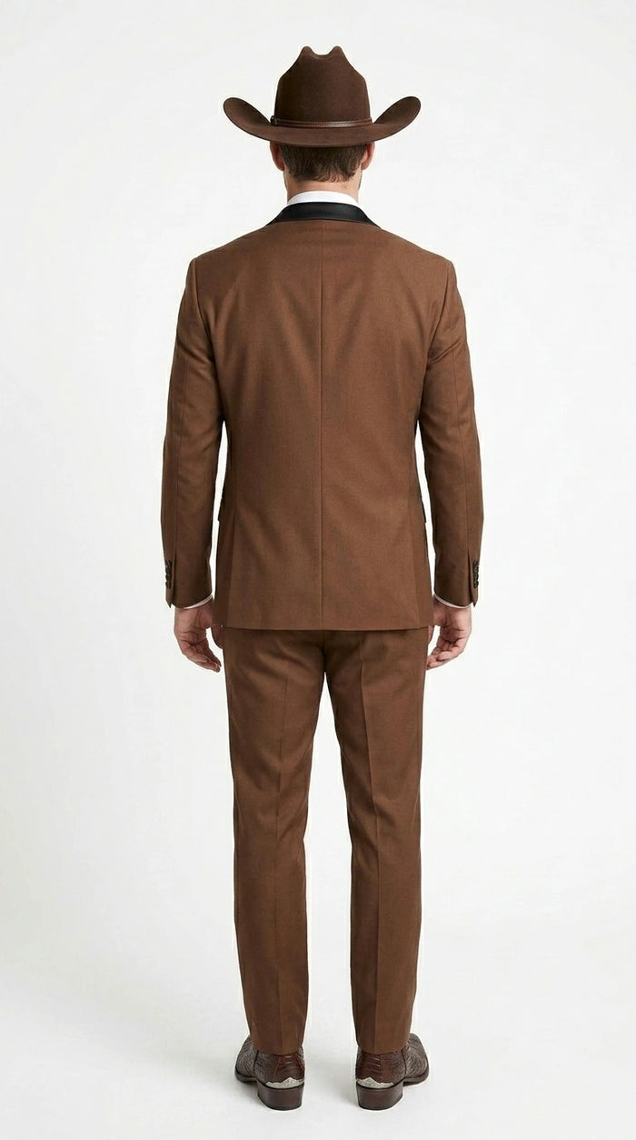 Men’s Light Brown Western Tuxedo 3 Piece Suit with Black  Collar Lapel, Country Look Cowboy Suit