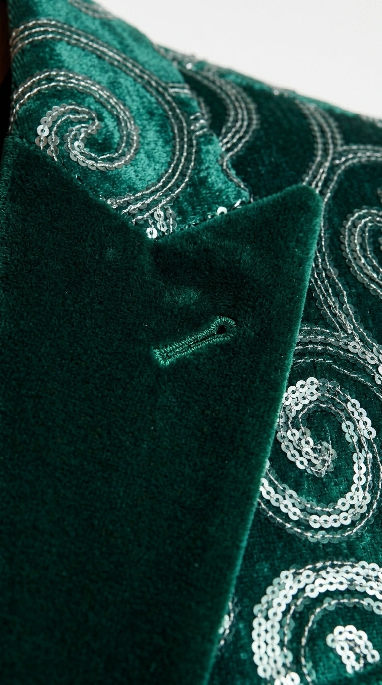 Men’s Emerald Green Paisley Tuxedo Dinner Jacket with Black Lapel, Formal Prom Wedding Party Blazer - 34 Short or Extra Small