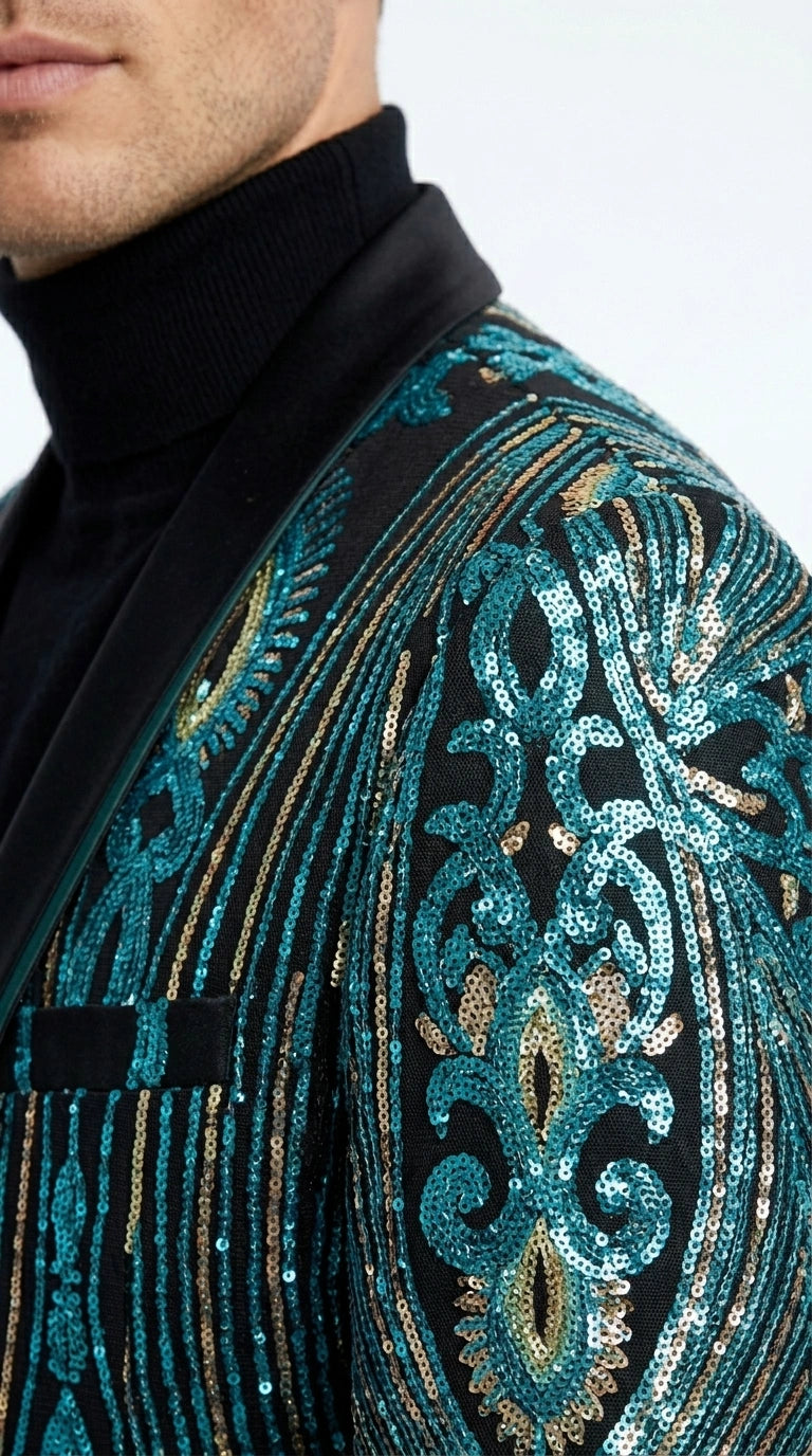 Men’s Black and Turquoise Blue With teal green Sequin Dinner Jacket, Formal Prom Wedding Paisley Floral Mardi Gra Pattern - 36 Short