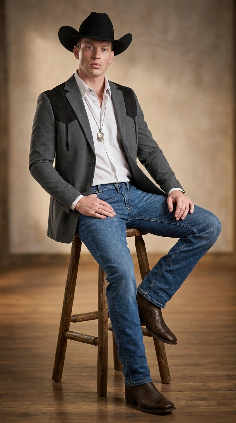 Men’s Dark Charcoal Western Blazer with Black Suede Yokes, Cowboy Sport Coat for Ranch Wedding and Country Events By Platini - 36 Short