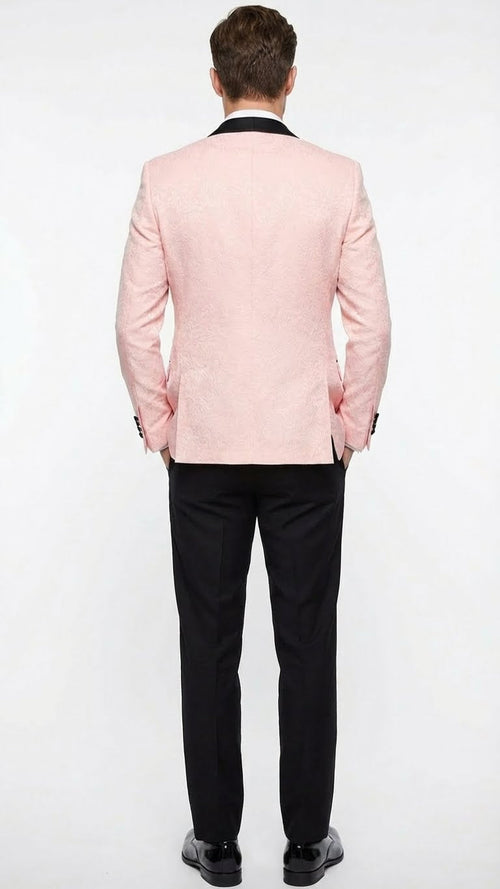 Mens Blush Pink Tuxedo Suit Set with Black Shawl Lapel 3 Piece Formal Wedding and Party Prom Vest + Black Pants