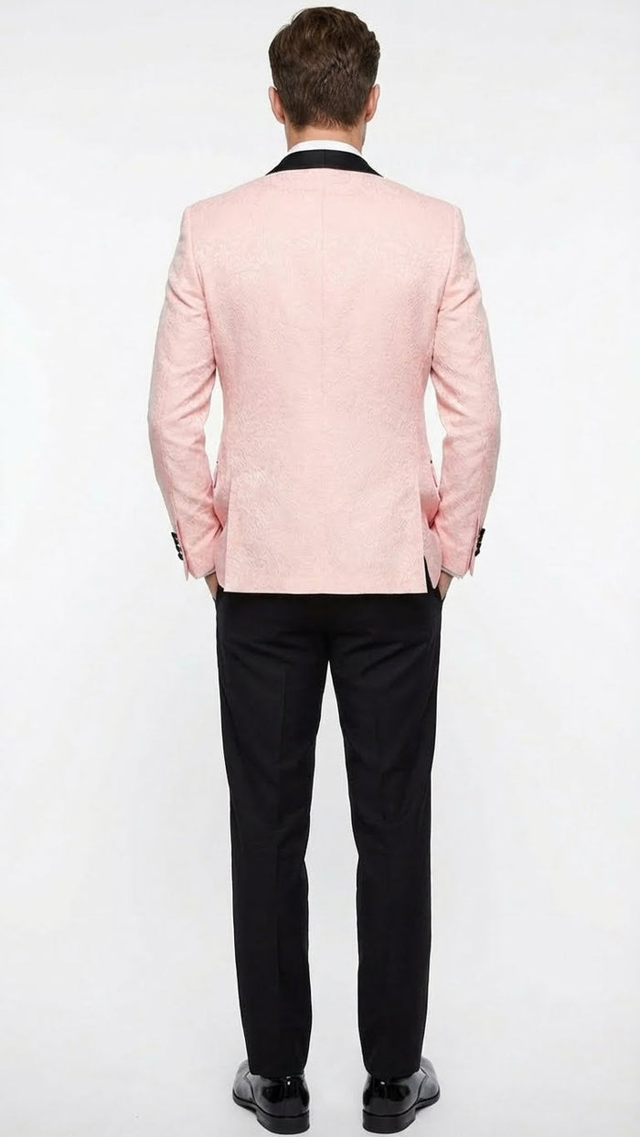 Mens Blush Pink Tuxedo Suit Set with Black Shawl Lapel 3 Piece Formal Wedding and Party Prom Vest + Black Pants