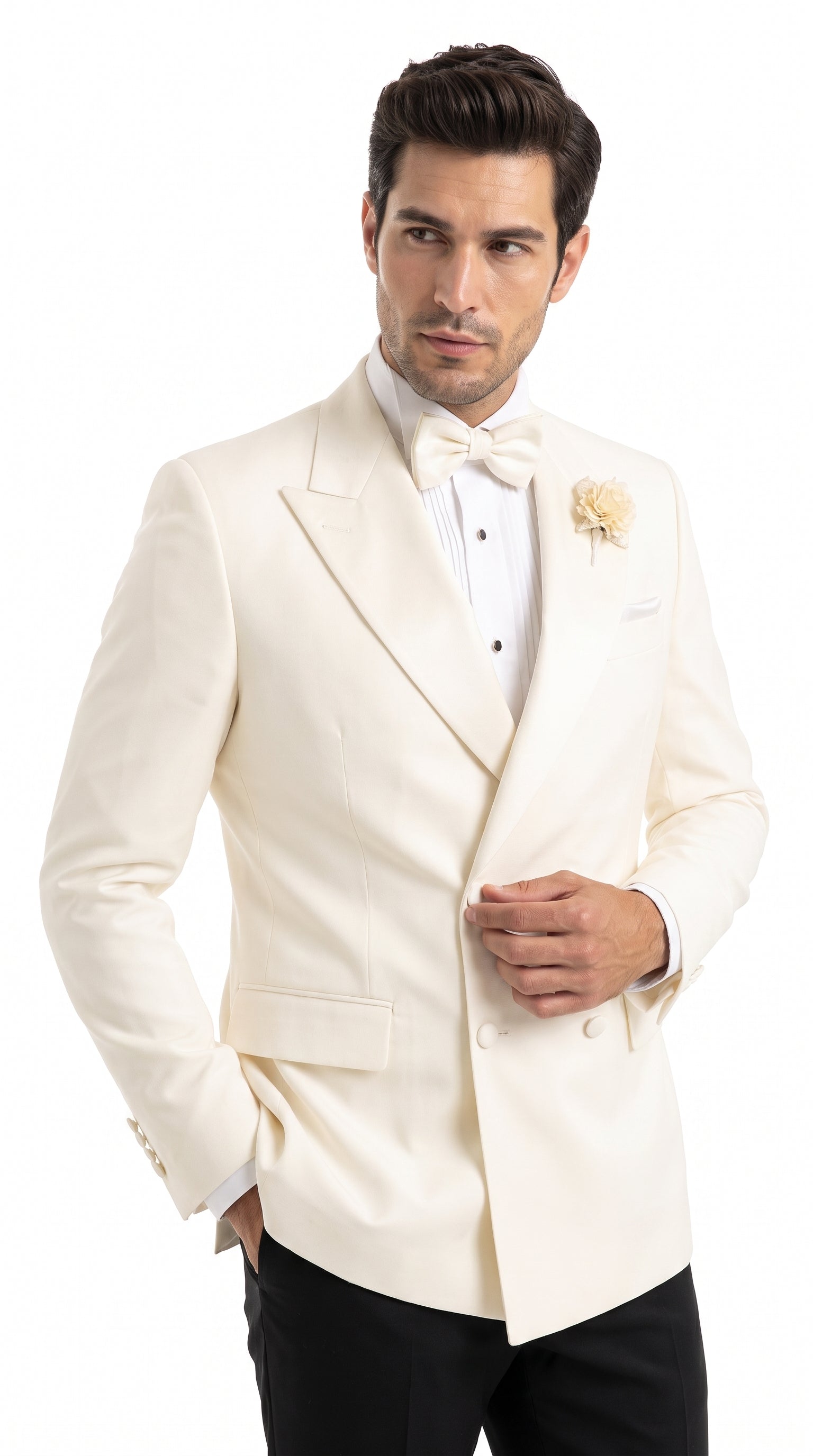 Men’s Ivory Double Breasted Dinner Jacket, Peak Lapel Formal Wedding Prom Tuxedo Blazer in cream off white color