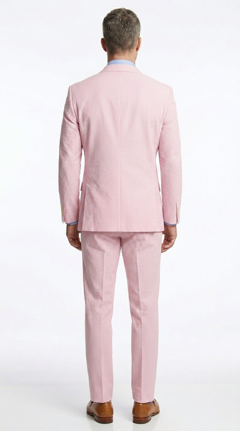 Men’s Pink Seersucker 2 Piece Suit, Lightweight Summer Dress Suit for Weddings, Prom, Parties, and Special Occasions