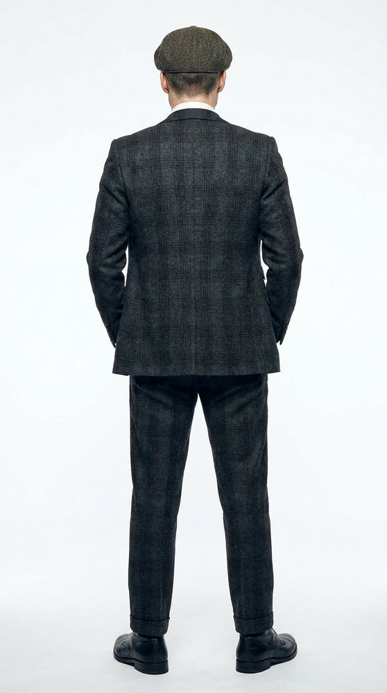 Men's Thomas Shelby Dark Grey Plaid 3-Piece Suit – Peaky Blinders 1920s Vintage Tweed-Style Wedding Suit with Matching Vest & Pants