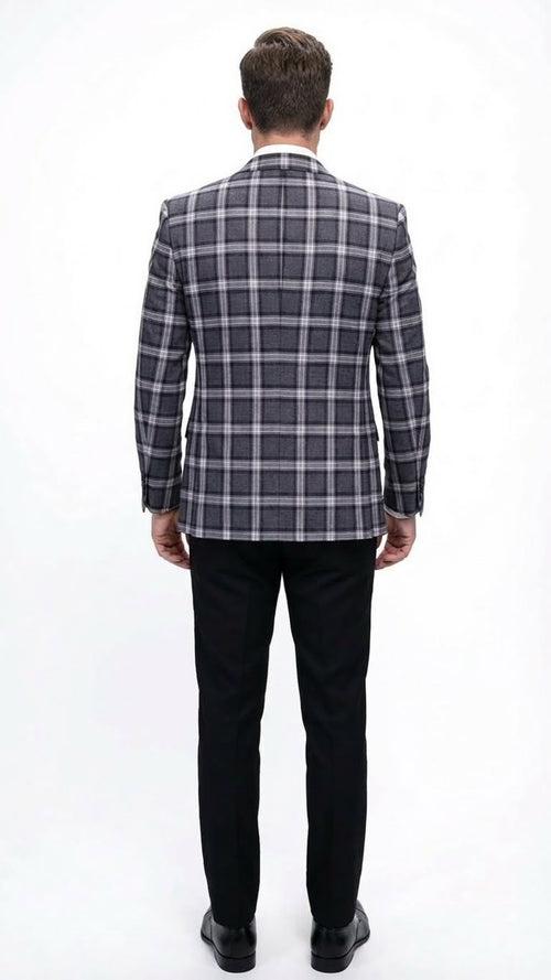 Mens Big and Tall Charcoal Gray and Black Plaid Blazer Grey Checker Windowpane Sport Coat