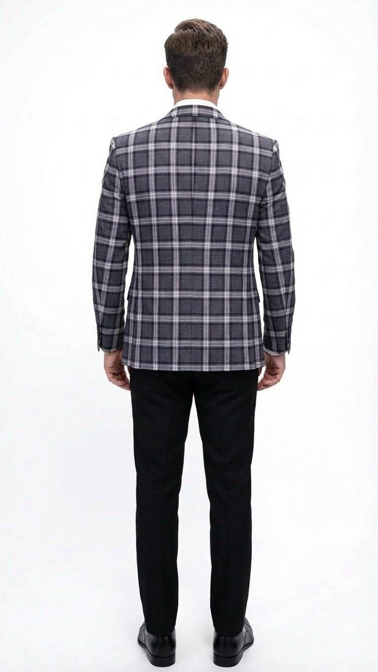 Men’s Big and Tall Charcoal Gray and Black Plaid Blazer – Grey Checker Windowpane Sport Coat - 36 Short