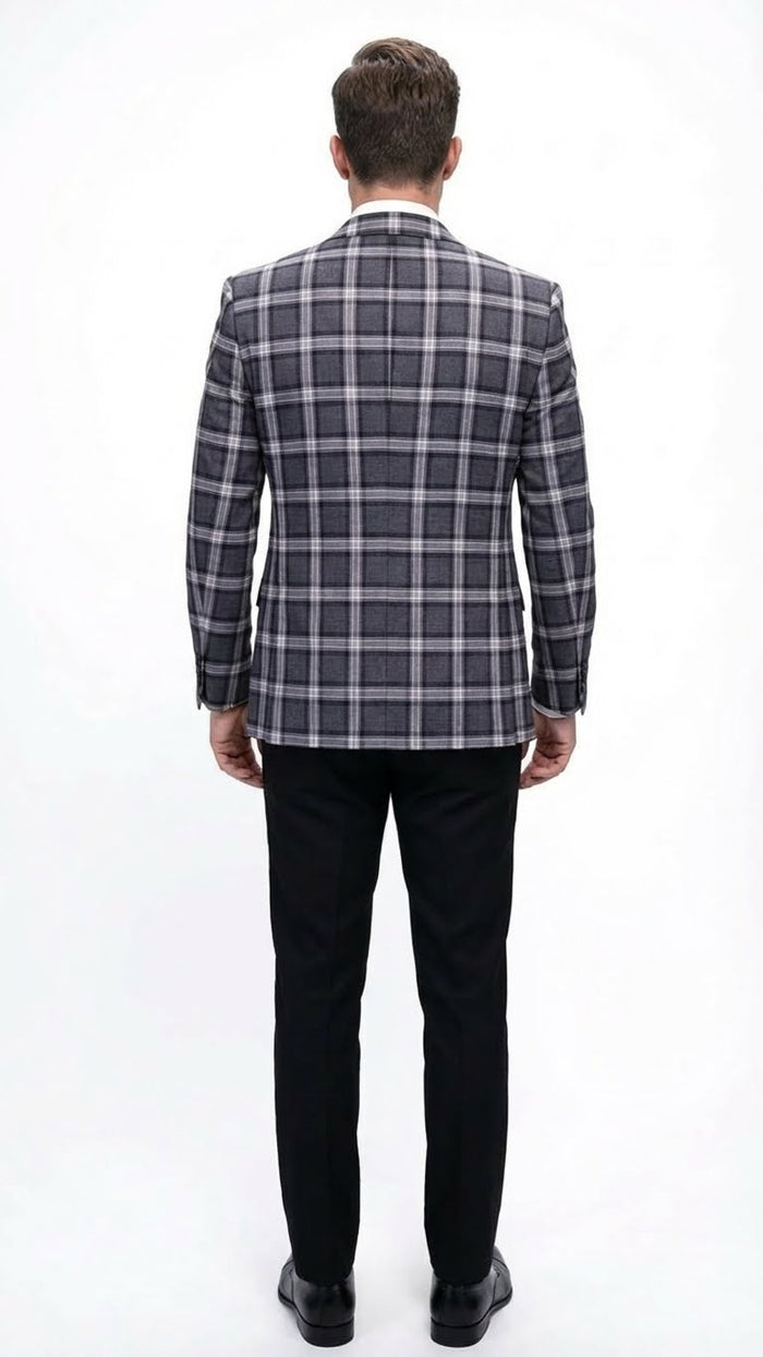 Mens Big and Tall Charcoal Gray and Black Plaid Blazer Grey Checker Windowpane Sport Coat