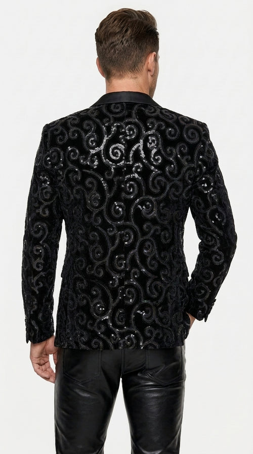 Men’s Black Velvet Sequin Swirl Dinner Jacket – Blazer Paisley Sparkly