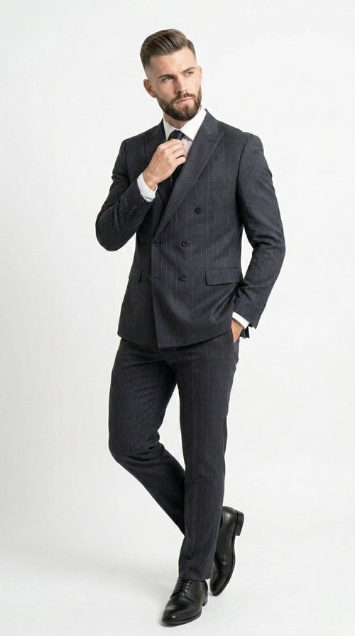 Men’s Black Pinstripe Double Breasted Suit – Classic Formal Business Suit Office and Evening Wear Modern Fit Conservative pattern