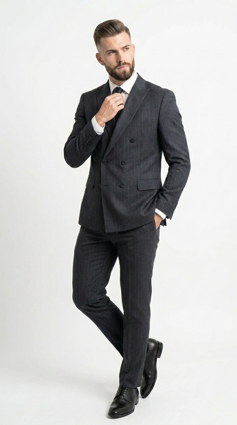Men’s Black Pinstripe Double Breasted Suit – Classic Formal Business Suit Office and Evening Wear Modern Fit Conservative pattern - 34 Short or Extra Small
