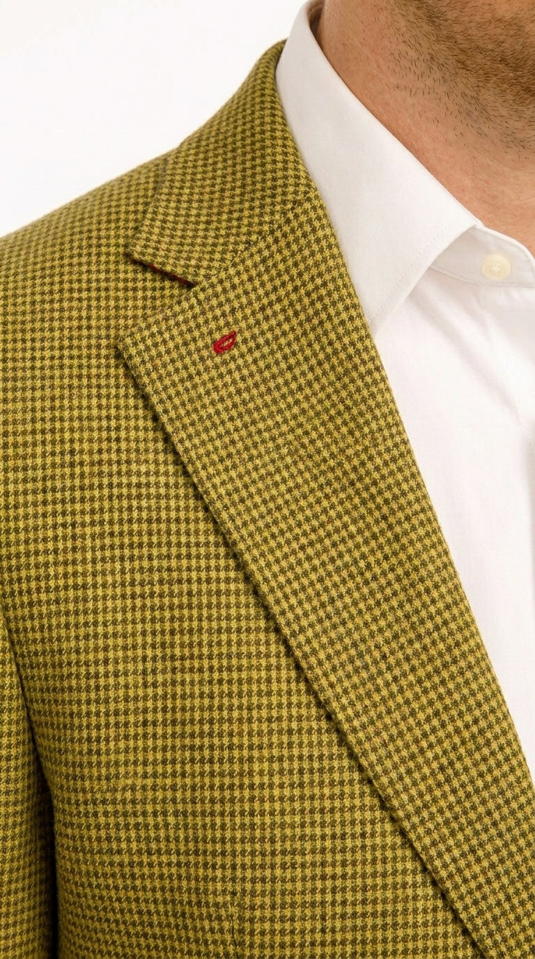 Men’s Mustard Gold Yellow Houndstooth Blazer Jacket, Check Pattern Formal Sport Coat for Weddings, Prom, Business 2 Buttons Modern Fit - 36 Short