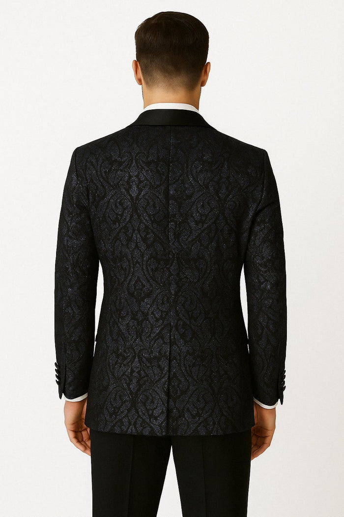Mens Navy Black Glitter Floral Tuxedo Dinner Jacket with Satin Lapel- Blue Blazer Sequin Fabric