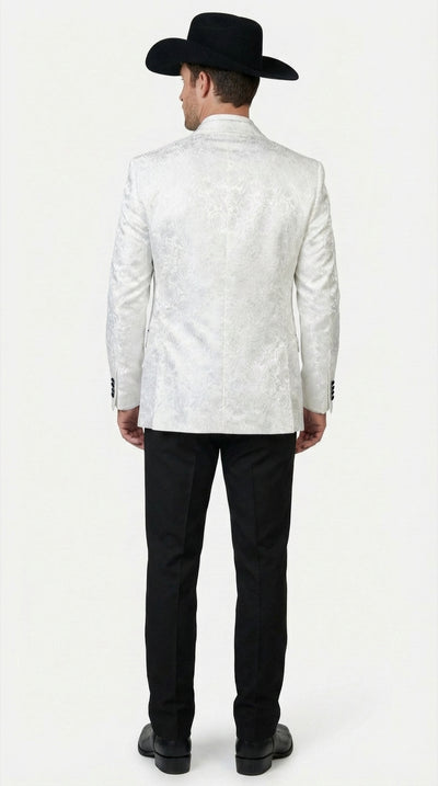 Mens White Paisley Cowboy Tuxedo with Black Satin Lapel – Western Formal Wedding Suit Jacket