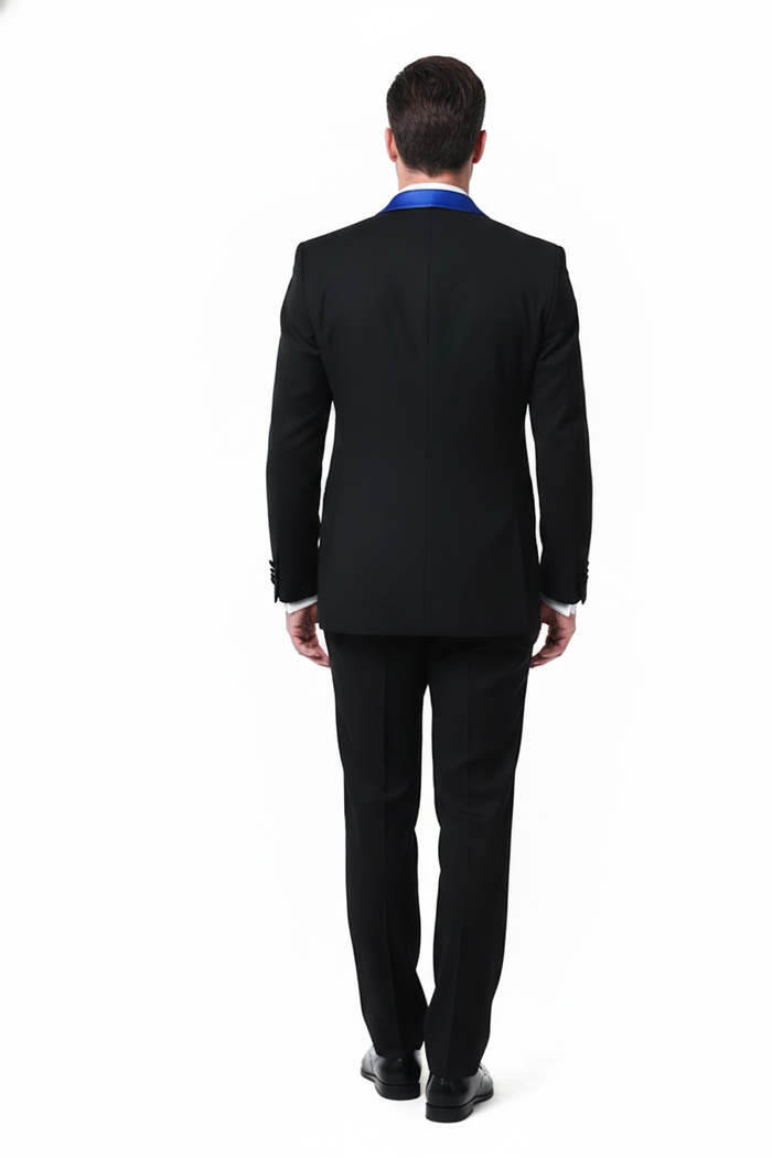 Mens Black Tuxedo with Royal Blue Shawl Lapel | Modern Formal Dinner Jacket Suit + Pants for Weddings, Proms