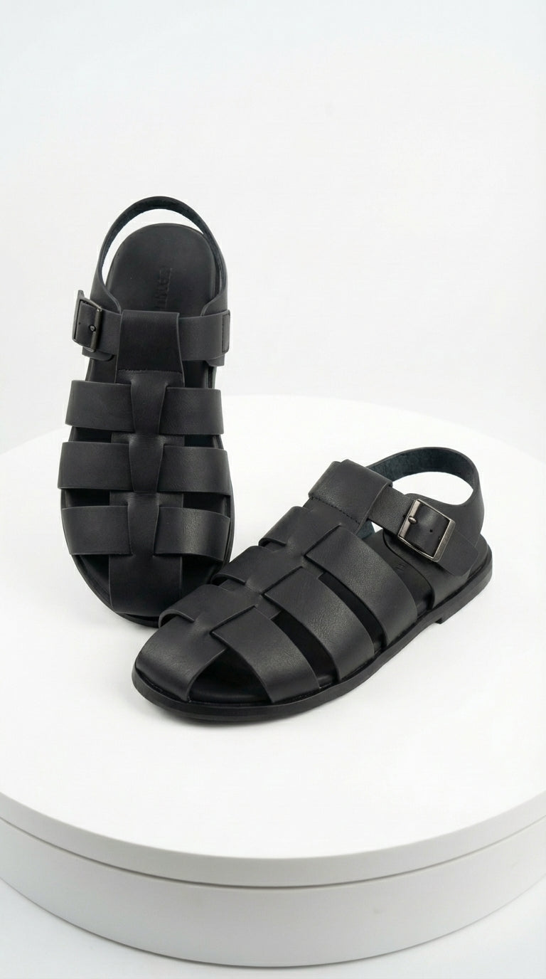 Mens Black Leather Sandals – Buckle Strap Casual Summer Shoes Breathable Open Toe Comfort Footwear - 39 (6-6.5 US)