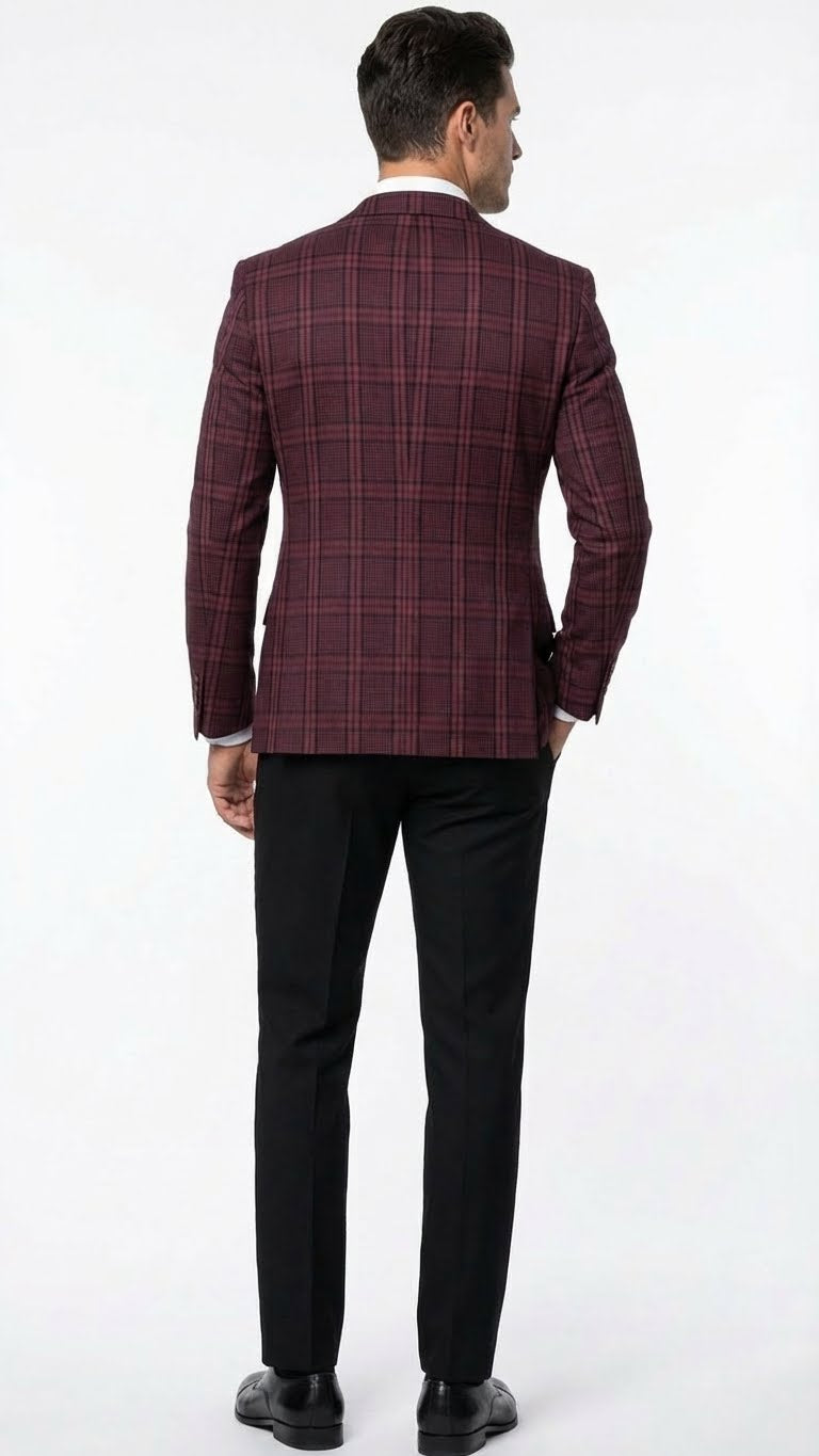 Menâ€™s Burgundy Check Blazer â€“ Windowpane Plaid blazer in Maroon Wine Color - 36 Short
