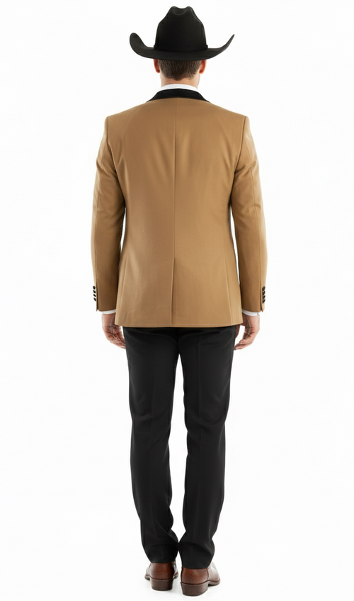 Mens Western Cowboy Tuxedo Tan and Black 3-Piece Suit with Satin Lapel and Vest in Mocca Coffee Color