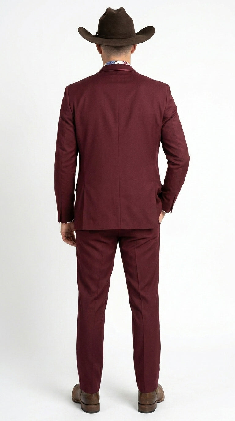 Men’s Burgundy Western Tuxedo Suit, 3 Piece Cowboy Formal Wedding Prom Suit with Satin Trim - 34 Short or Extra Small