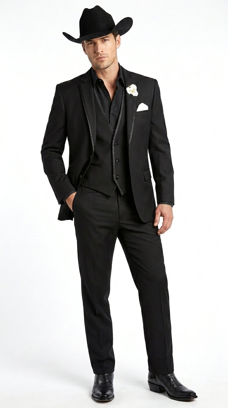 Men’s Black Western Tuxedo Suit, 3 Piece Cowboy Formal Wedding Prom Suit with Satin Trim - 34 Short or Extra Small