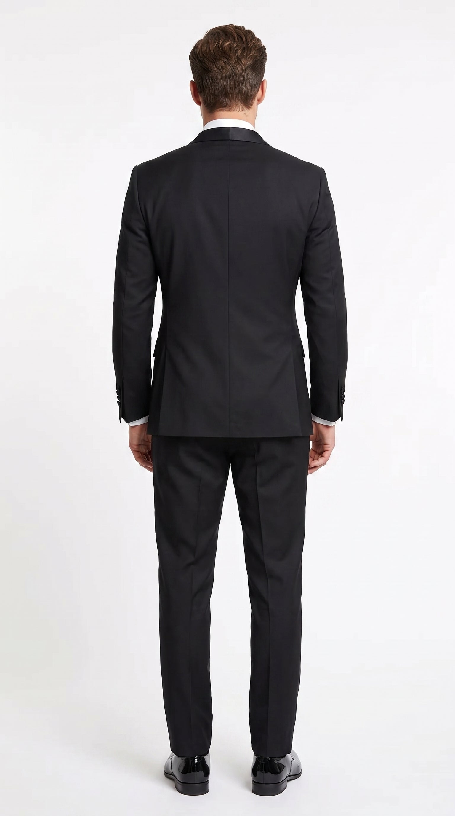 Men’s Black Double Breasted Evening Wear Suit with Satin Shawl Lapel and Red Pocket Square