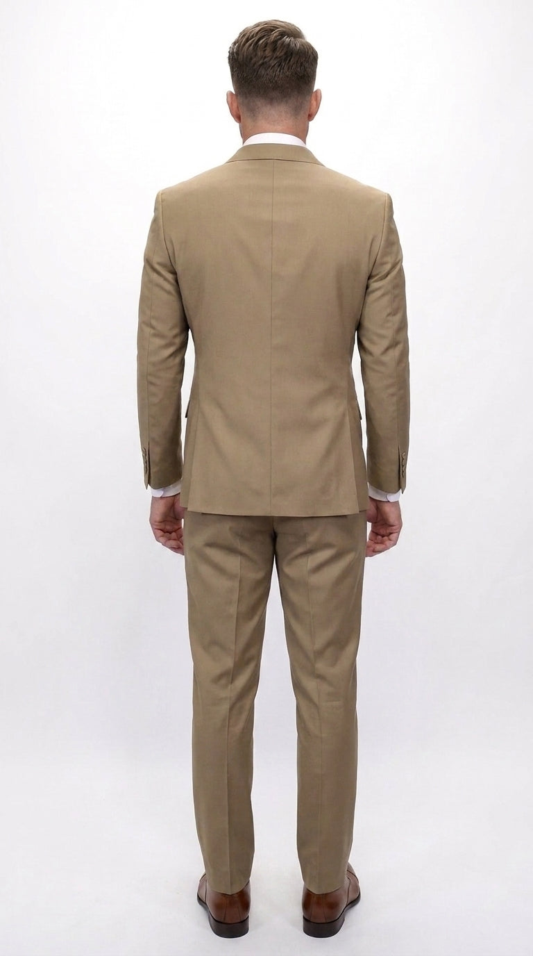 Men’s Statement Brand Caramel Khaki Double Breasted Wool Suit, Designer Formal Business Suit Set Wool Suit in Camel Color - 34 Short or Extra Small