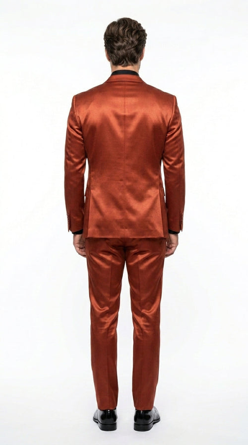 Men’s Rust Copper Coganc Shiny Sateen 3 Piece Suit, Vested Formal Wedding Prom Suit Set Ultra Slim Fit