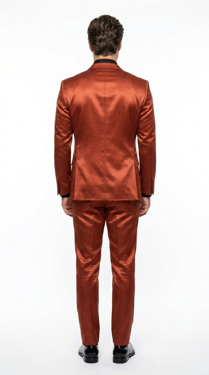 Men’s Rust Copper Coganc Shiny Sateen 3 Piece Suit, Vested Formal Wedding Prom Suit Set Ultra Slim Fit