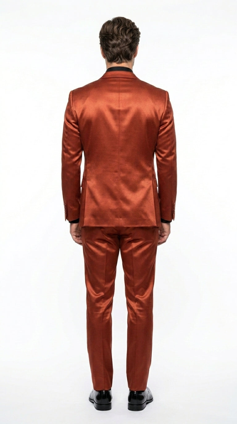Men’s Rust Copper Coganc Shiny Sateen 3 Piece Suit, Vested Formal Wedding Prom Suit Set Ultra Slim Fit