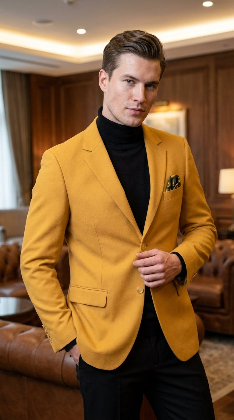 Men’s Mustard Gold Blazer, Fashion Sport Coat Wedding Party Church Dress Jacket - 36 Short