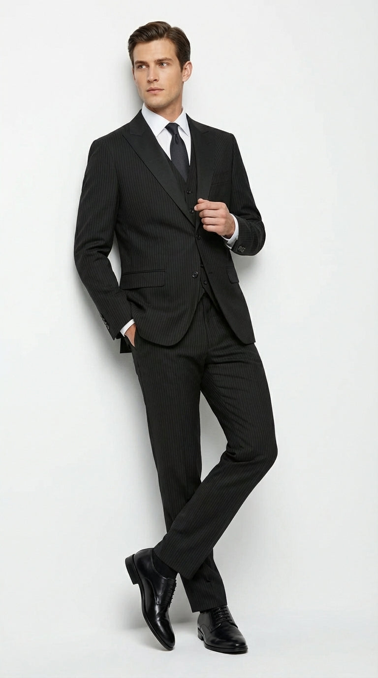 Vitali Mens Black Tone on Tone Shadow Stripe Vested Suit Set – 3 Piece Modern Fit Pinstripe Two Buttons - 34 Short or Extra Small