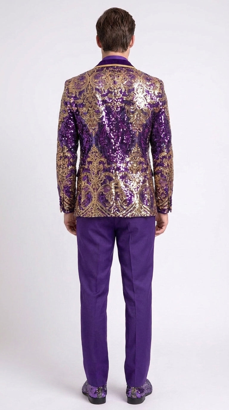 Men’s Purple and Gold Sequin Suit with Pants – Luxury Prom, Wedding and Party Blazer - 34 Short or Extra Small