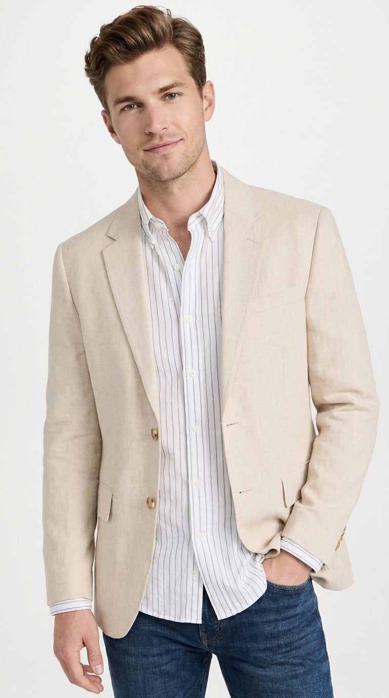 Men’s Light Tan Sport Coat – Classic Two-Button Casual Blazer for Business, Weddings & Smart Casual Wear Modern Fit Linen Fabric - 36 Short