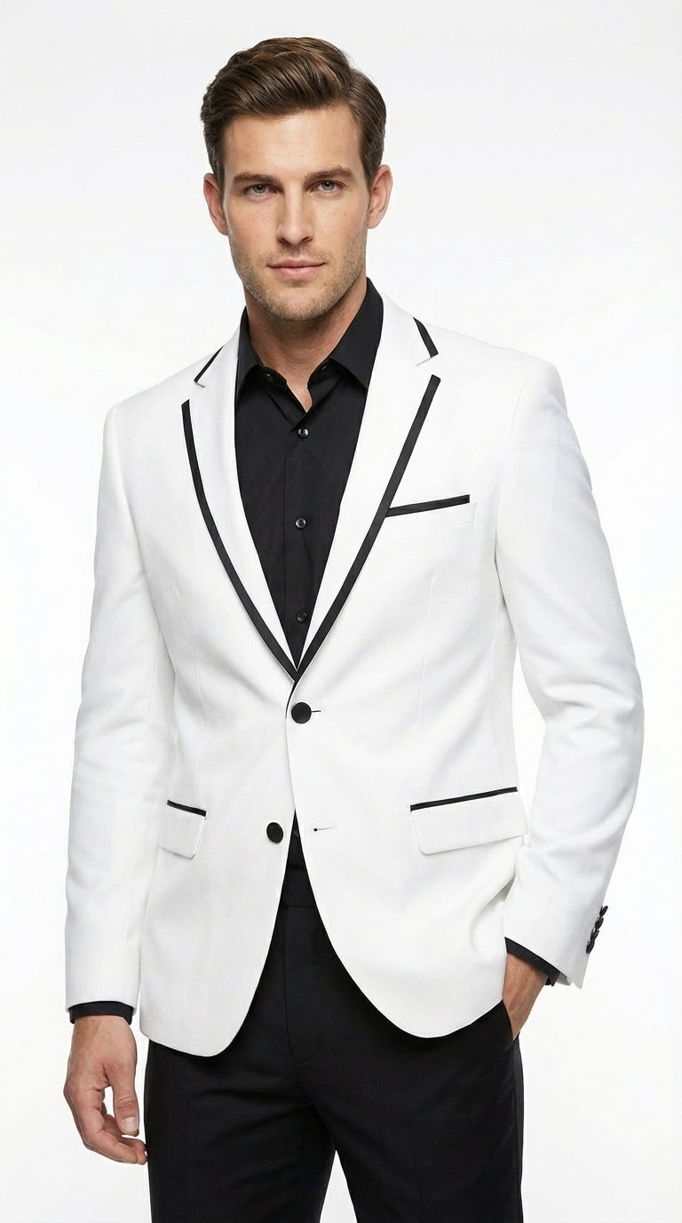 Men’s White Disco Blazer 70s Era Costume Jacket – Black Trim Retro Party Blazer, Vintage Dance Outfit, Stylish Evening Themed Wear - 36 Short