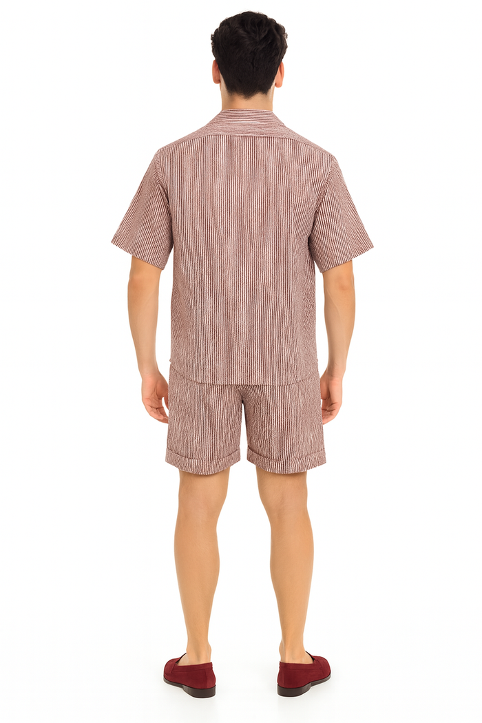 Mens Burgundy Reddish Seersucker Short Set Walking Suit Two-Piece Cuffed Shorts with Expandable Waist