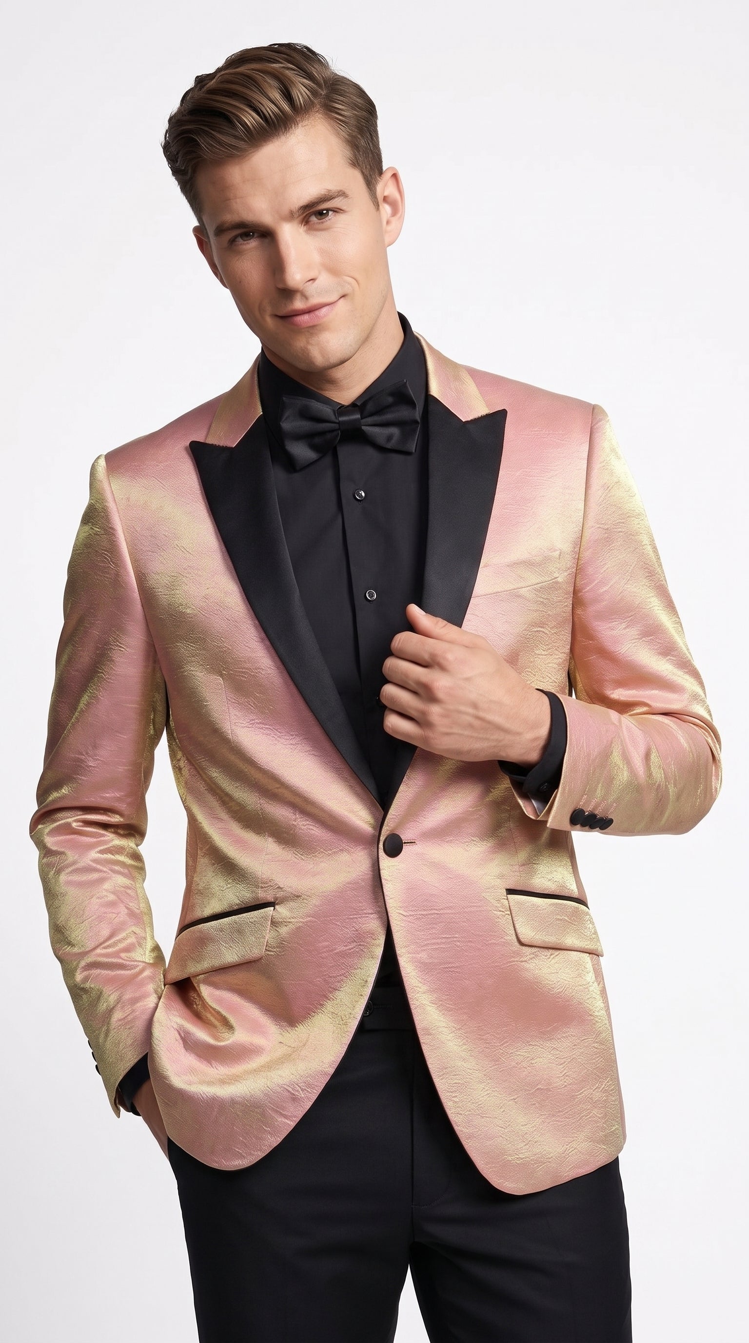 Men’s Rose Gold Tuxedo Jacket – Black Peak Lapel Wedding, Prom and Formal Dinner Blazer - 36 Short