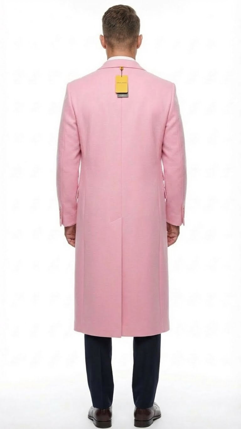 Men’s Pink Wool Blend Long Overcoat – Slim Fit Tailored Winter Coat - Carcoat - Topcoat - Coat Size 38