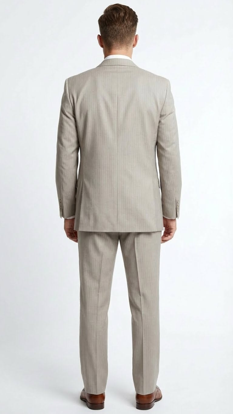 Men’s Light Tan Pinstripe 3 Piece Suit with Jacket, Vest, and Pants | Shadow Stripe Tone Tone Pleated Pants Classic - 34 Short or Extra Small