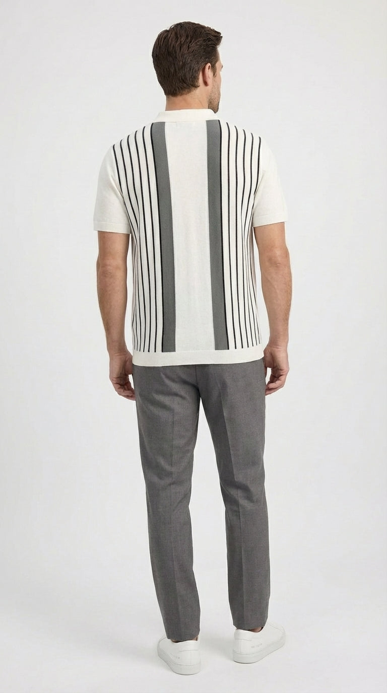 Mens White and Charcoal Gray Stripe Walking Suit Set – Short Sleeve Button Shirt and Pants Casual Summer Outfit for Travel, Vacation and Everyday Wear - S