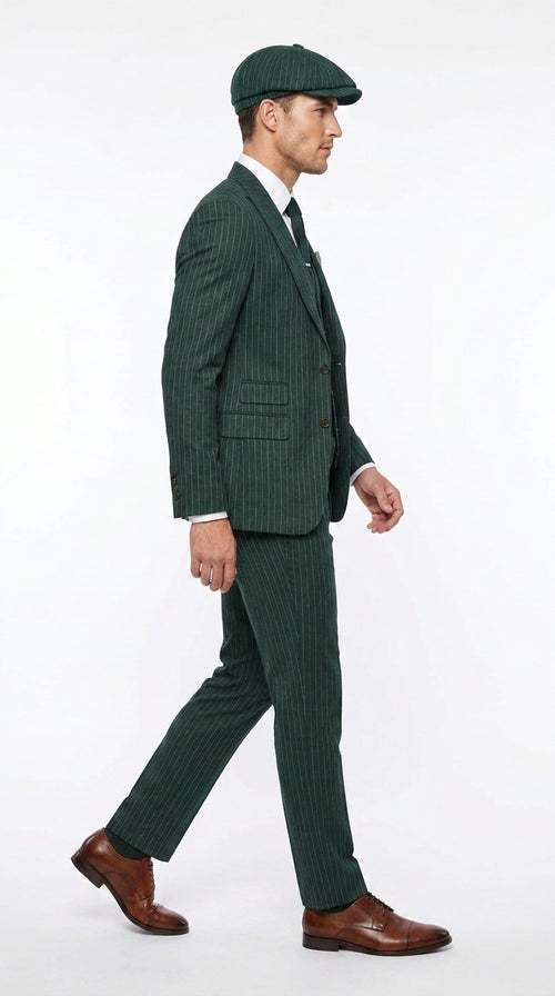 Men’s Hunter Green Pinstripe 3-Piece Suit – Vintage Wedding, Prom and Formal Suit with Matching Vest