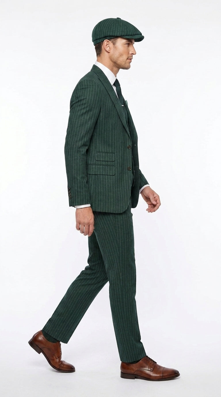 Men’s Hunter Green Pinstripe 3-Piece Suit – Vintage Wedding, Prom and Formal Suit with Matching Vest - 34 Short or Extra Small