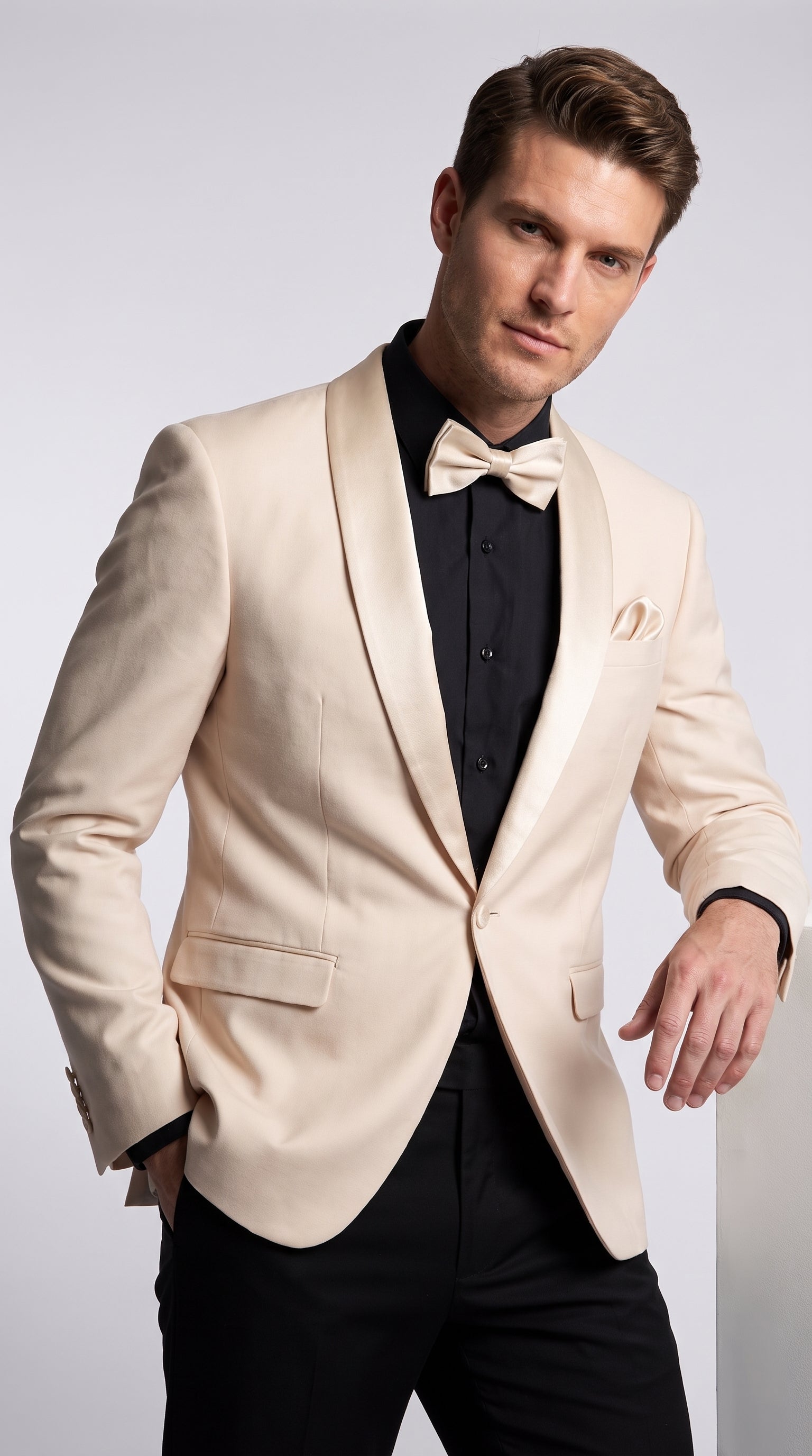 Men’s Champagne Tuxedo Dinner Jacket with Black Pants – Shawl Lapel Wedding, Prom and Formal Blazer - 34 Short or Extra Small