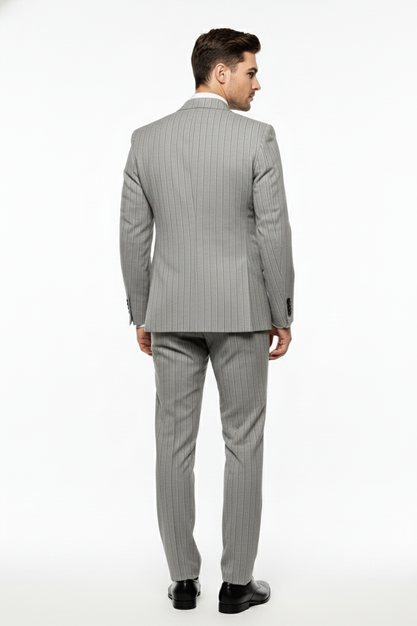 Menâ€™s Grey and Black Pinstripe Double-Breasted Suit â€“ 1920s Gangster Vintage Looking suit By Rossiman - 34 Short or Extra Small