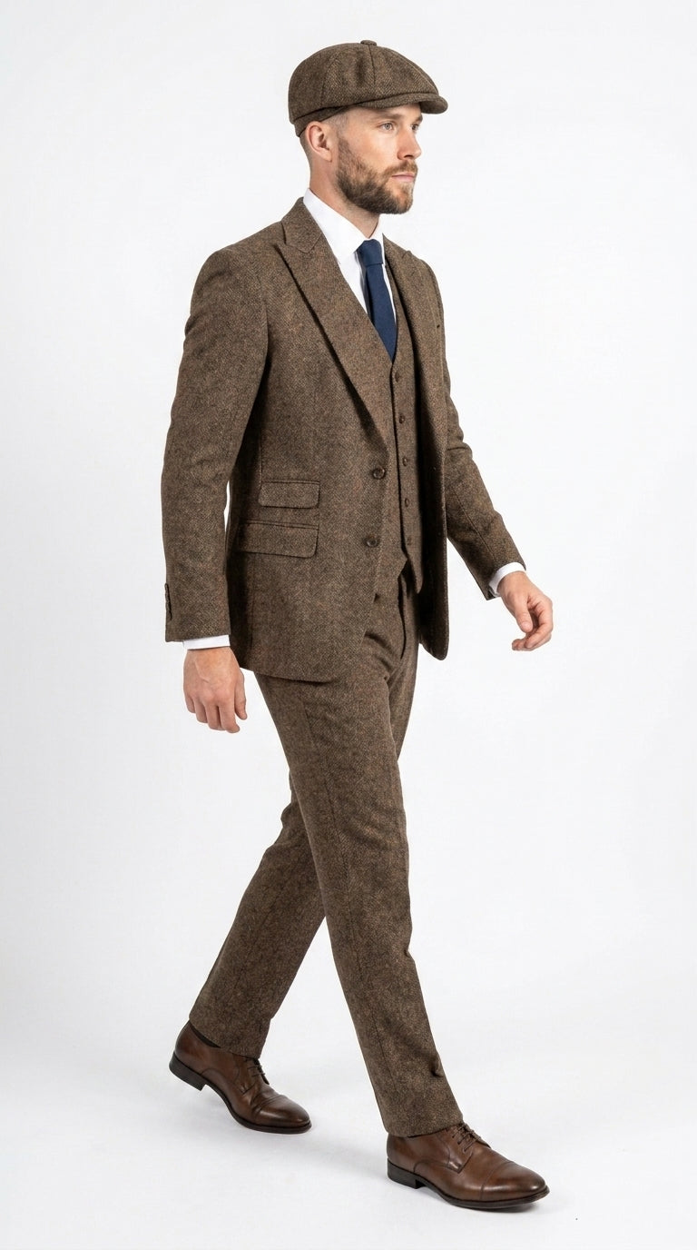 Peaky Blinder Men’s Brown Tweed 3-Piece Suit – Vintage Wedding, Business and Formal Suit with Matching Vest and Pants - 34 Short or Extra Small