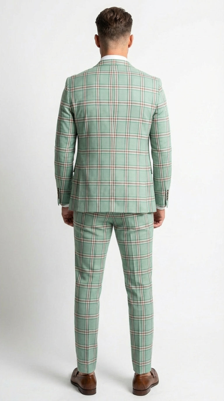 Mint Green Plaid Three Piece Suit for Men | Classic Checkered Formal Suit with Jacket Vest and Pants By Rossiman - 34 Short or Extra Small