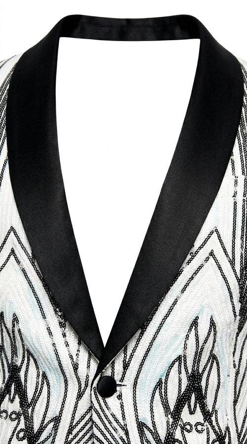 Men’s White and Black Patterned Tuxedo Blazer – Luxury Designer Dinner Jacket for Wedding, Prom and Formal Events New Year Christmas Holiday