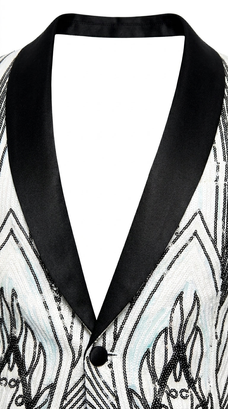 Men’s White and Black Patterned Tuxedo Blazer – Luxury Designer Dinner Jacket for Wedding, Prom and Formal Events New Year Christmas Holiday - 36 Short