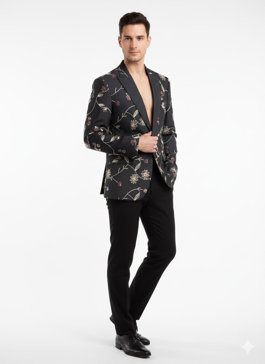 Luxury Black Floral Embroidered Blazer for Men – Designer Party and Wedding Wear Jacket - 36 Short